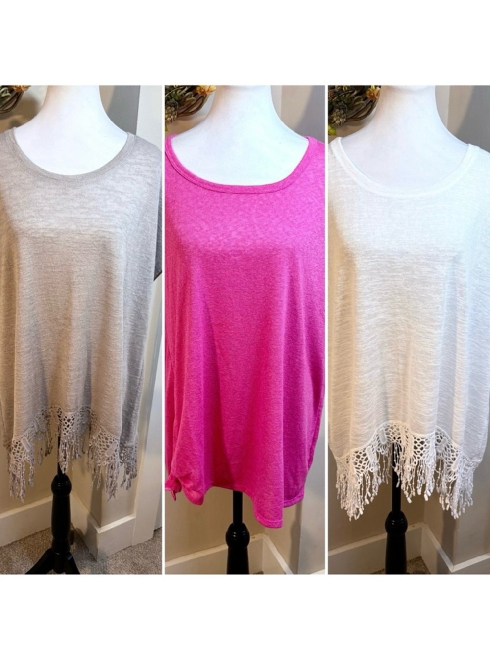 Cato Lot of 3 Lightweight Plus Size Tops Fringe/Tie Hem Pink White Tan 18/20W 💚
